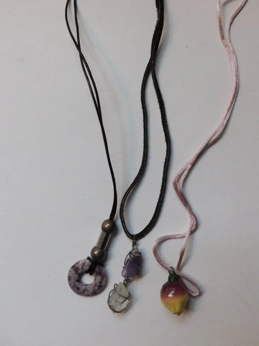 Boho Natural Stone Cord Necklace Lot 3pc Amethyst Quartz Ceramic Suede Choker